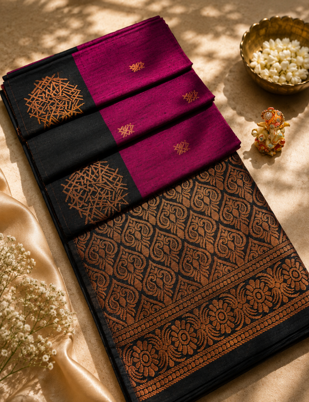 Beetroot Pink with Black Contrast Border Dubion Semi Silk Saree – Handloom