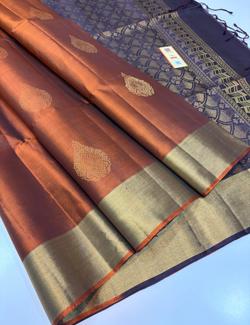 Rust Colour Pure Soft Silk Saree with Dark Blue Pallu & Blouse | Elegant Contrast Saree with Tissue Border