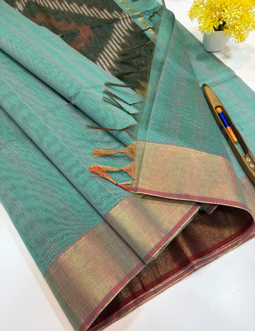 Semi Silk Cotton Ikat Design Tissue Border Saree – Aqua Green with Gold Tissue Border