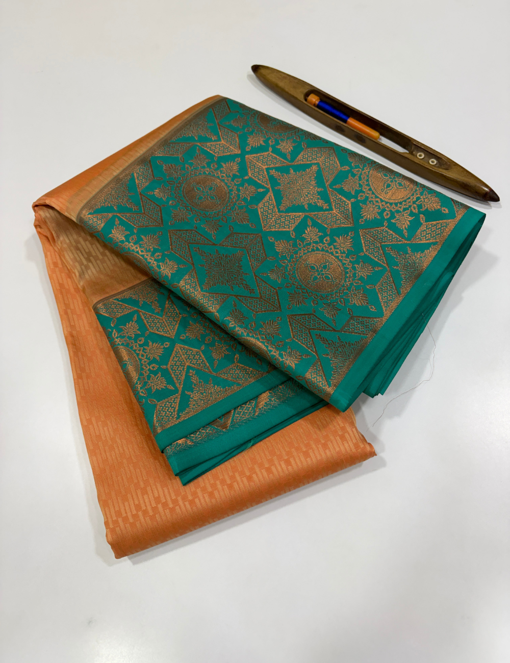 Peach 50% Pure Mix Kanchi Silk Saree with Fancy Kanchi Border | Rama Green Pallu & Blouse