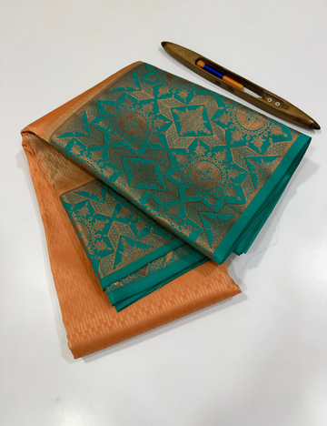 Peach 50% Pure Mix Kanchi Silk Saree with Fancy Kanchi Border | Rama Green Pallu & Blouse