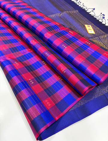 Handloom Pure Soft Silk Rani Pink & Royal Blue Checked Saree with Contrast Pallu | Silk Mark Certified