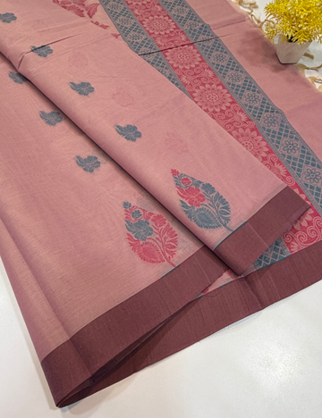 Negamam Pure Cotton Saree – Blush Pink with Burgundy Brown Border