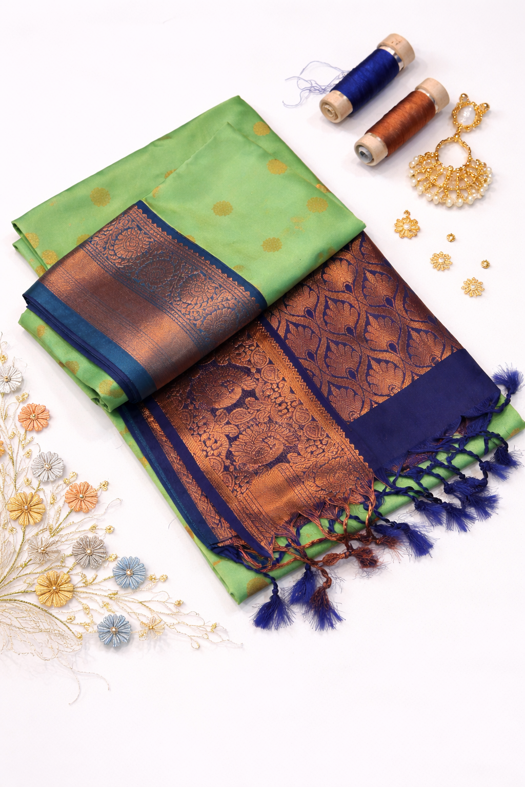 Kanchi Border Semi Soft Silk Saree – Radium Green with Navy Blue