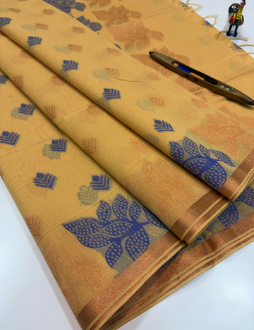 Mustard Yellow Semi Silk Cotton Saree with Small Jari Border & Monotone Blouse | Turning Border