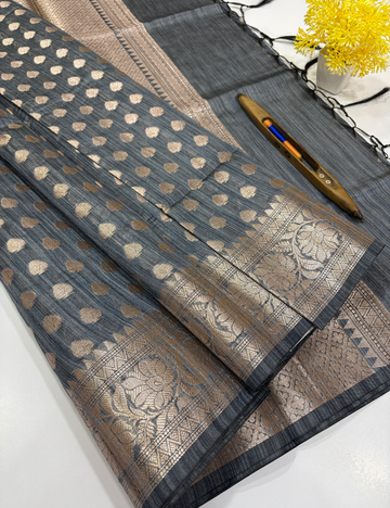Steel Grey Matka Silk Cotton Saree with Full Zari Butta | Rich Zari Border & Brocade Blouse – Aadithya Handlooms