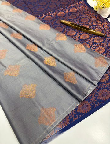Semi Softsilk Saree with Contrast Border in Grey with Navy Blue