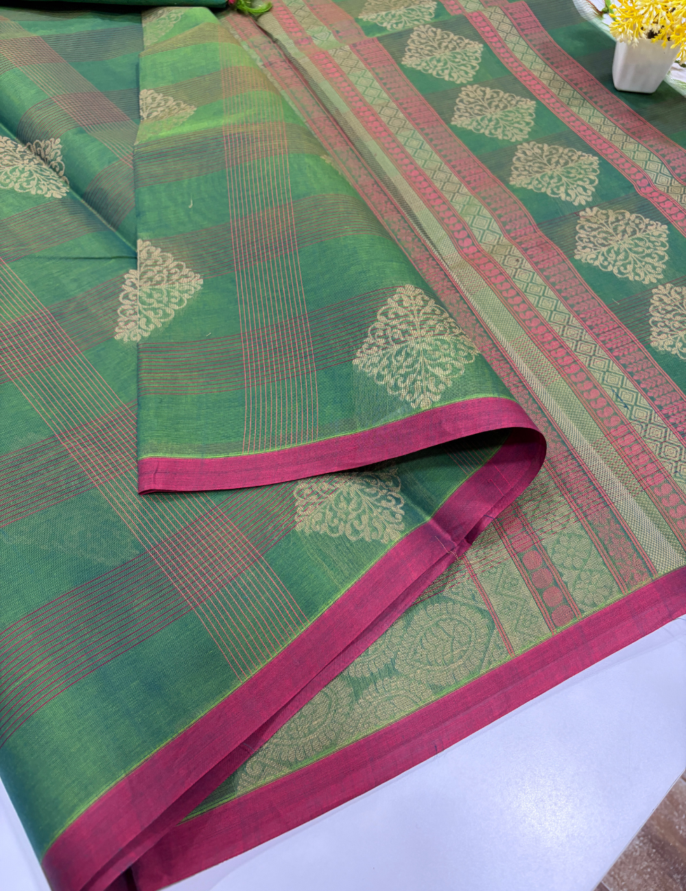 Negamam Pure Cotton Fancy Checked Saree – Monotone Green