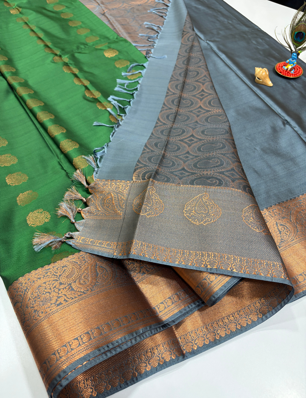 Emerald Green Semi Soft Silk Saree with Teal Grey Premium Kanchi Border