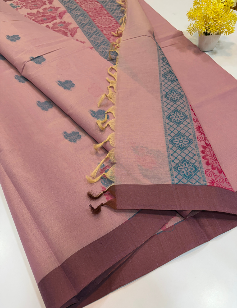 Negamam Pure Cotton Saree – Blush Pink with Burgundy Brown Border