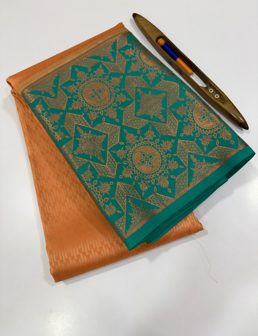Peach 50% Pure Mix Kanchi Silk Saree with Fancy Kanchi Border | Rama Green Pallu & Blouse
