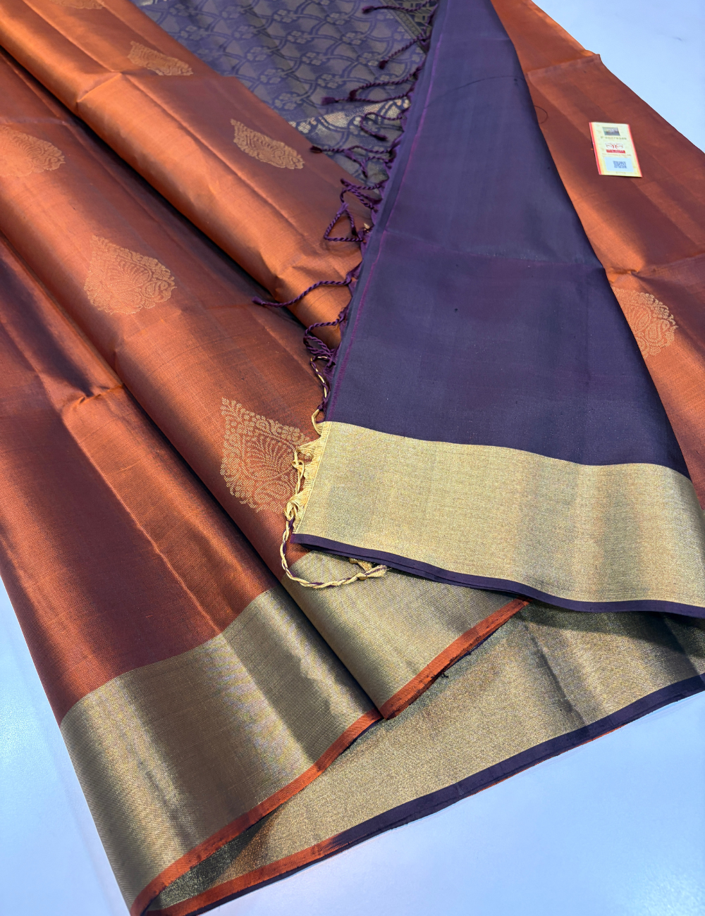 Rust Colour Pure Soft Silk Saree with Dark Blue Pallu & Blouse | Elegant Contrast Saree with Tissue Border