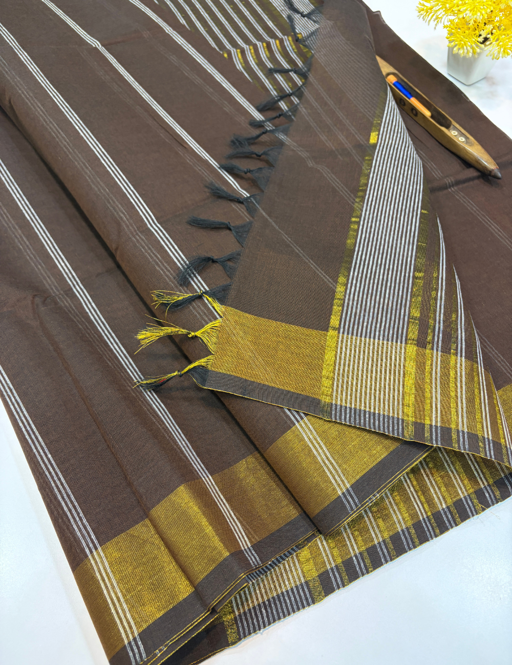 Negamam Pure Cotton Saree in Dark Coffee Brown with White Stripes Design & Golden Zari Border | Striped Pallu & Self Blouse