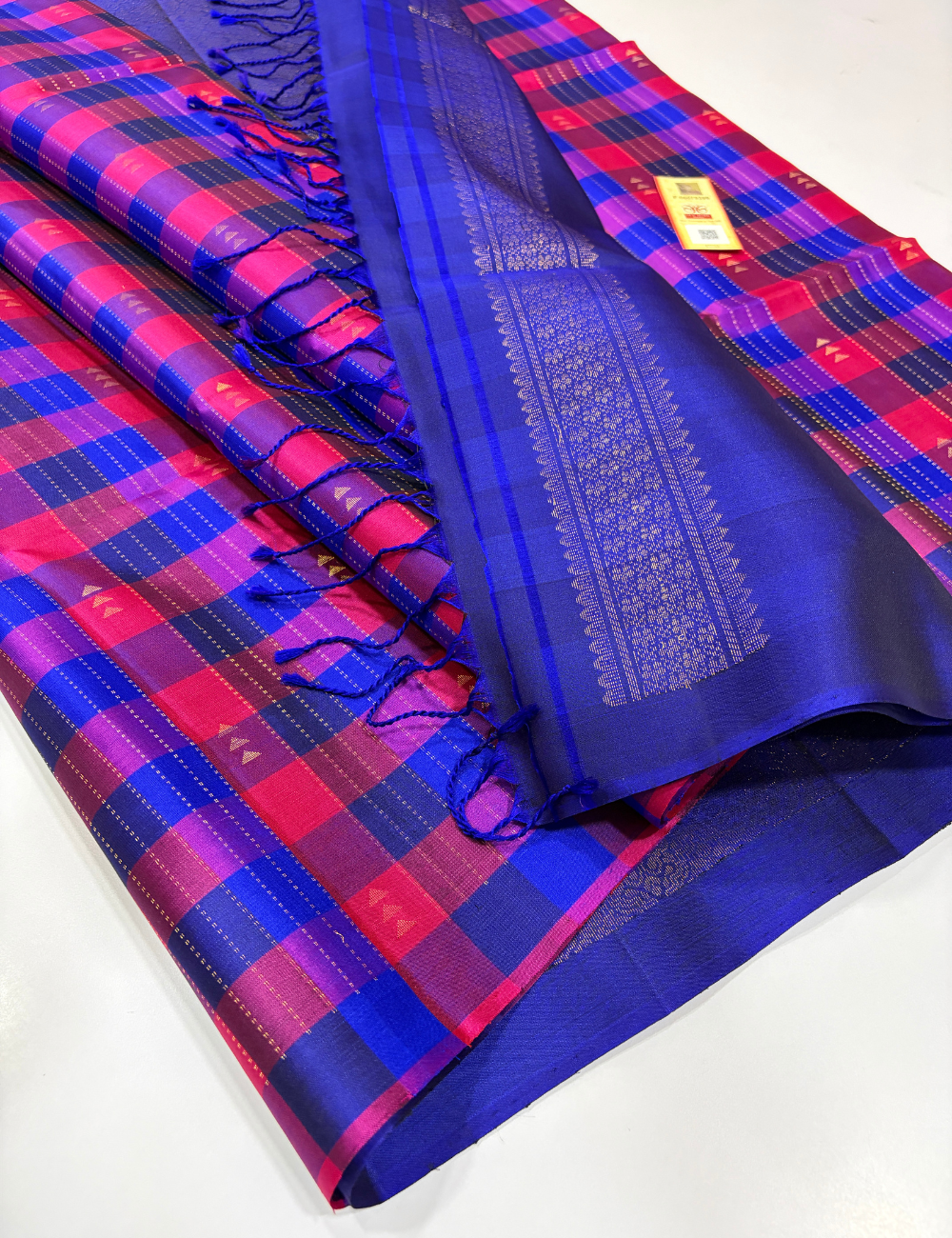 Handloom Pure Soft Silk Rani Pink & Royal Blue Checked Saree with Contrast Pallu | Silk Mark Certified