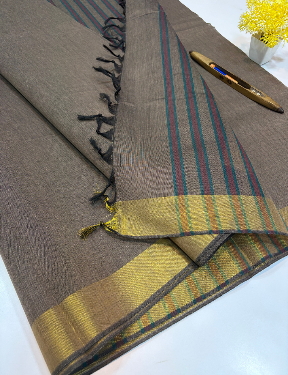 Choco Brown Negamam Pure Cotton Saree – Plain Body with Self Colour Pallu & Blouse | Golden Jari Tissue Border