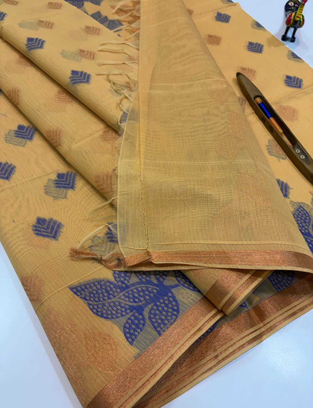 Mustard Yellow Semi Silk Cotton Saree with Small Jari Border & Monotone Blouse | Turning Border