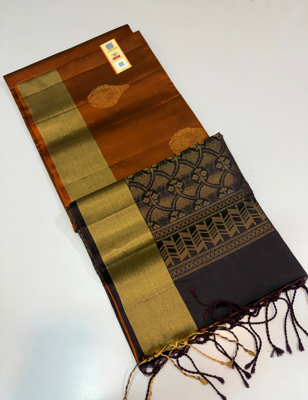 Rust Colour Pure Soft Silk Saree with Dark Blue Pallu & Blouse | Elegant Contrast Saree with Tissue Border