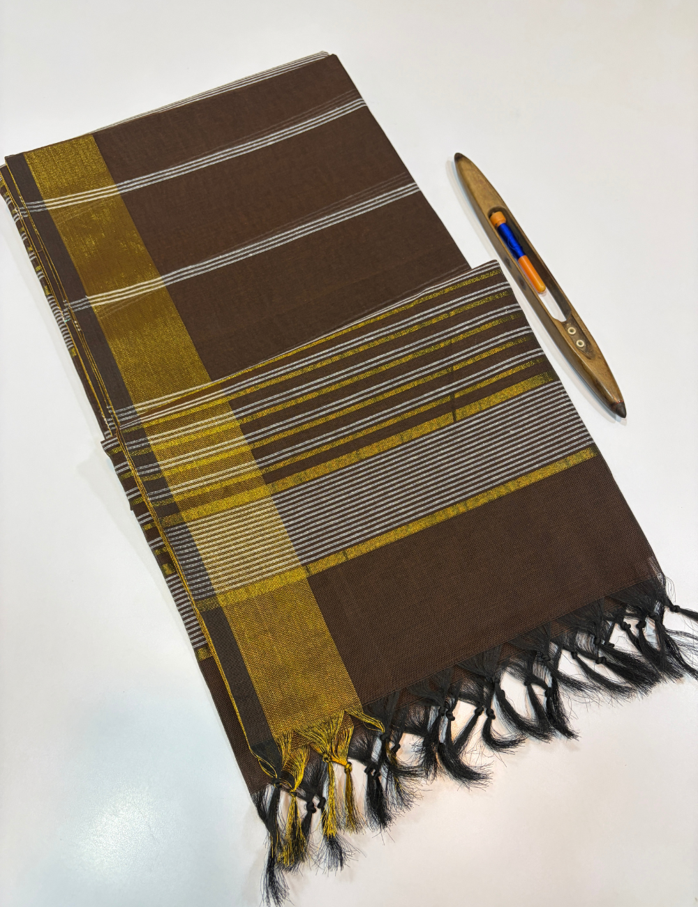 Negamam Pure Cotton Saree in Dark Coffee Brown with White Stripes Design & Golden Zari Border | Striped Pallu & Self Blouse