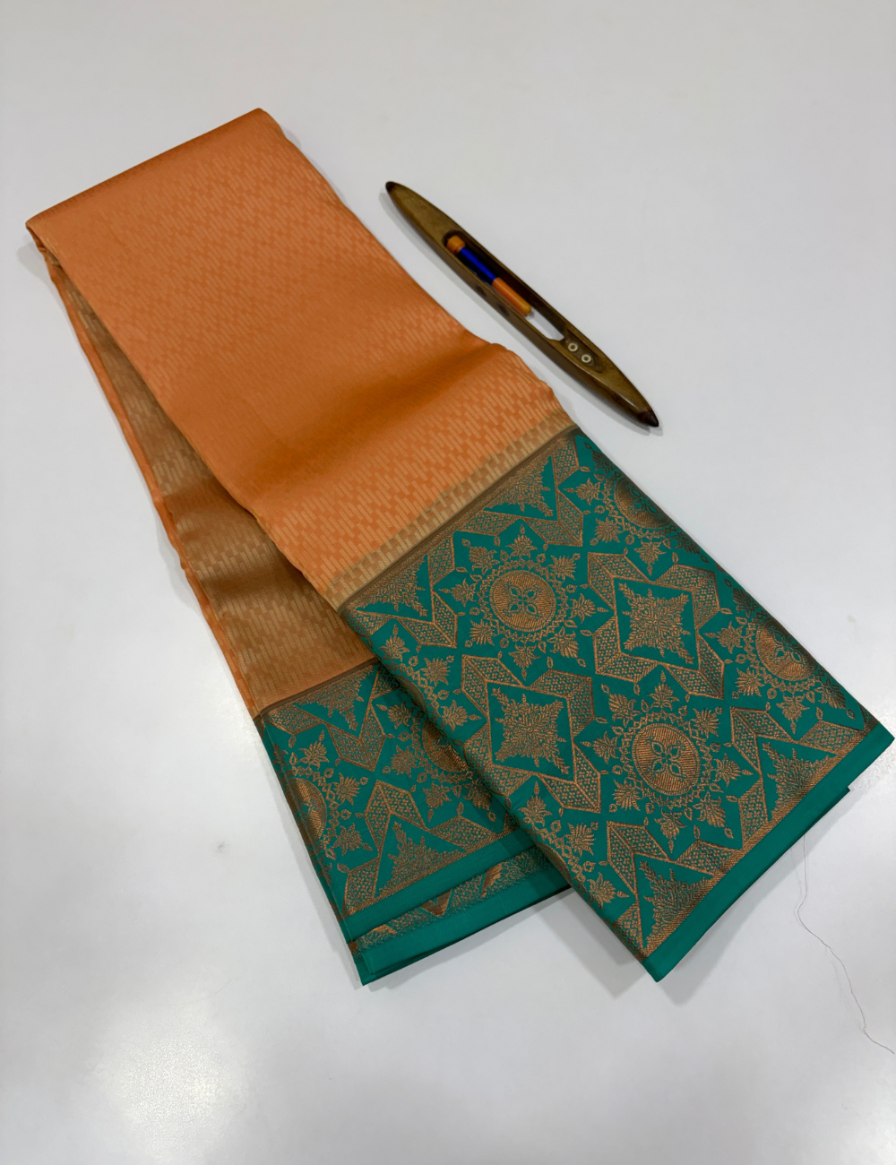 Peach 50% Pure Mix Kanchi Silk Saree with Fancy Kanchi Border | Rama Green Pallu & Blouse