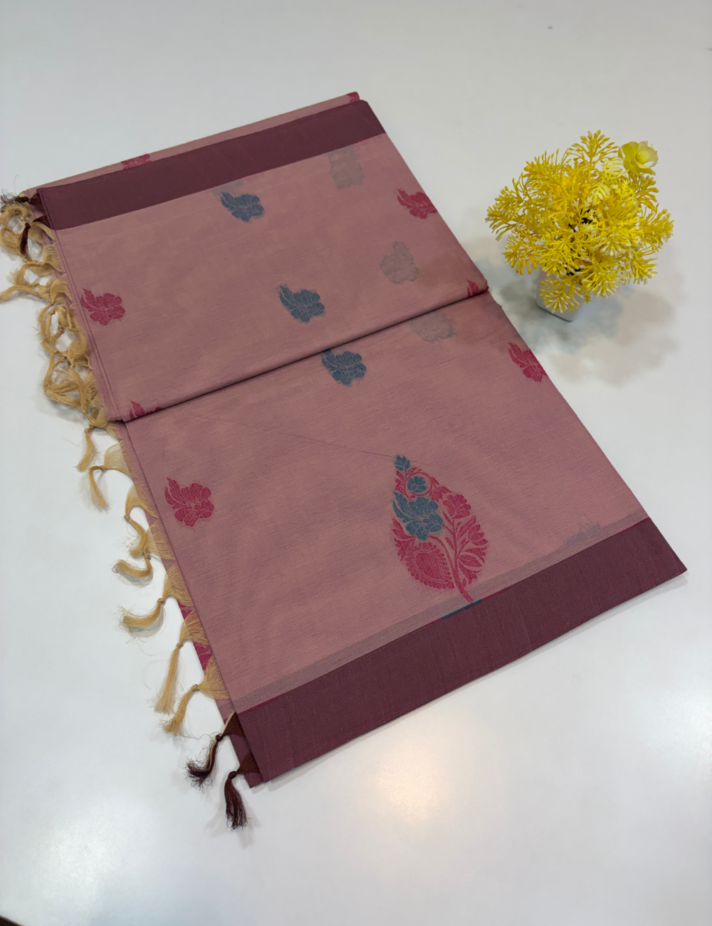 Negamam Pure Cotton Saree – Blush Pink with Burgundy Brown Border