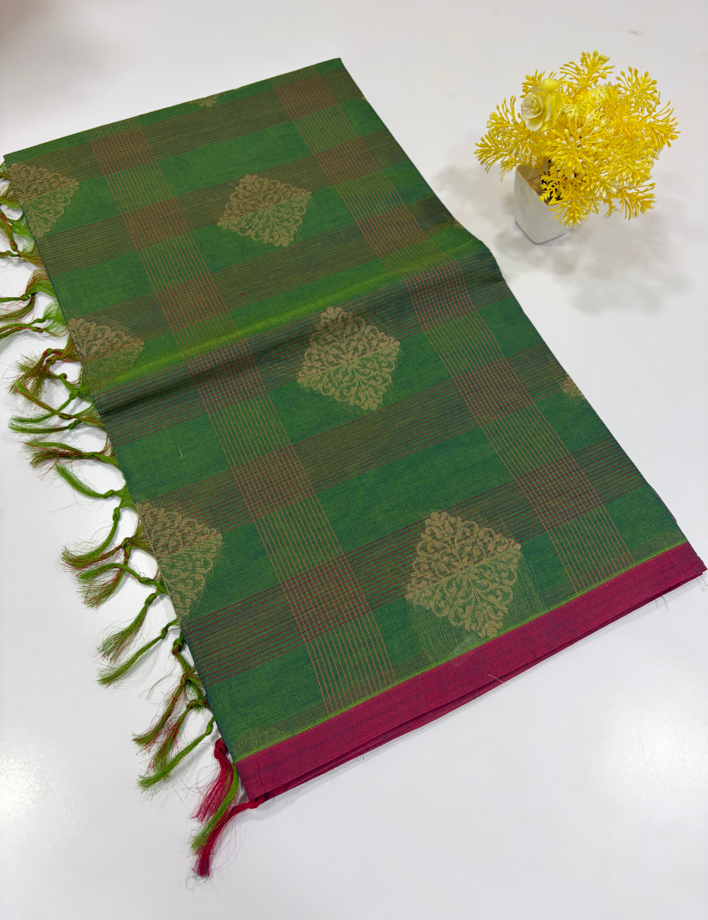 Negamam Pure Cotton Fancy Checked Saree – Monotone Green