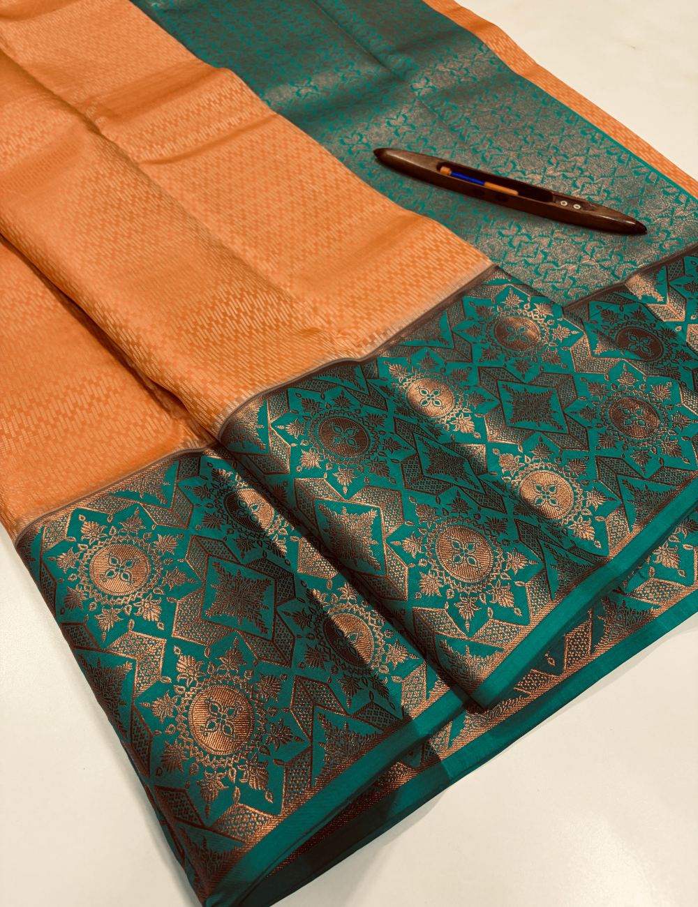 Peach 50% Pure Mix Kanchi Silk Saree with Fancy Kanchi Border | Rama Green Pallu & Blouse