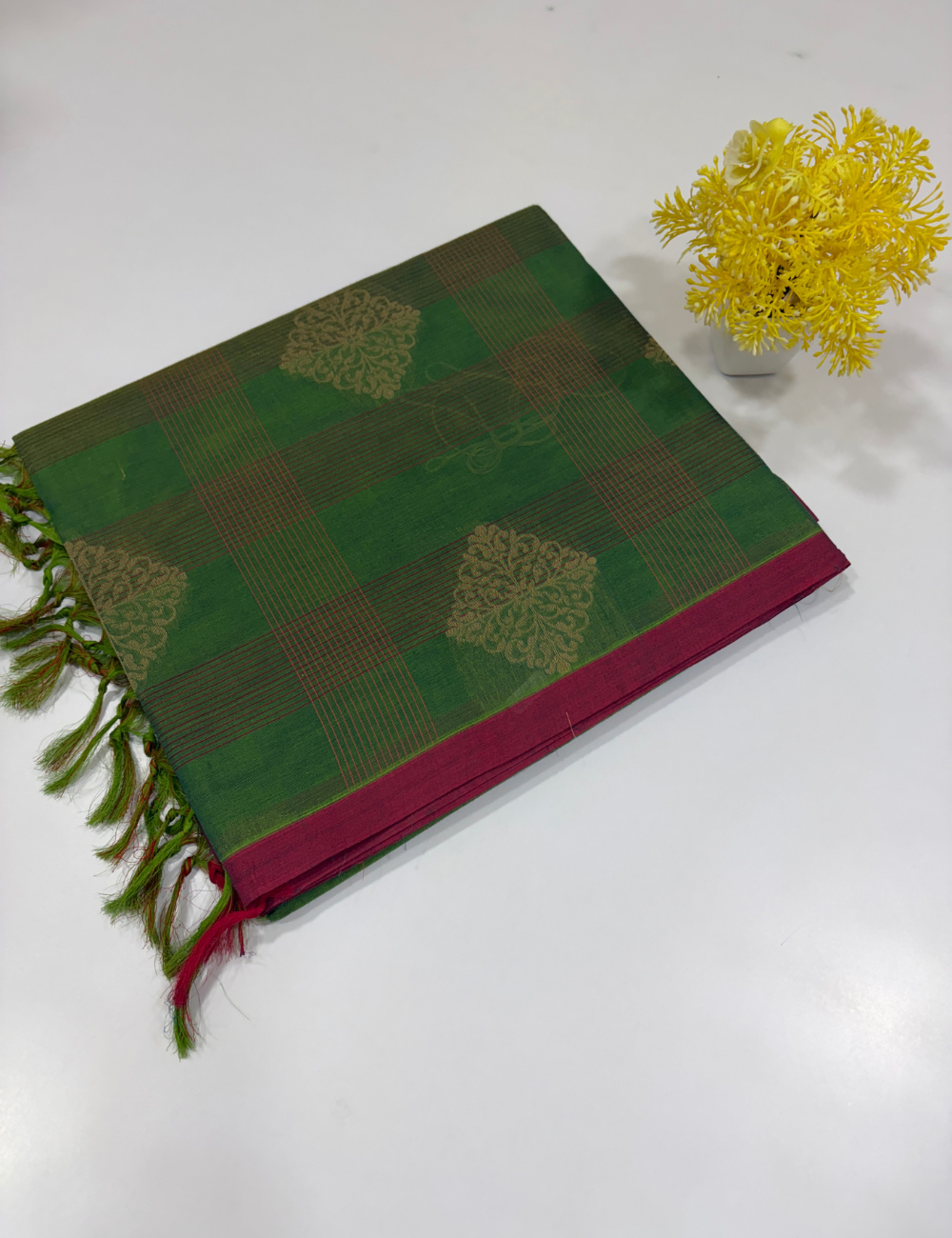 Negamam Pure Cotton Fancy Checked Saree – Monotone Green