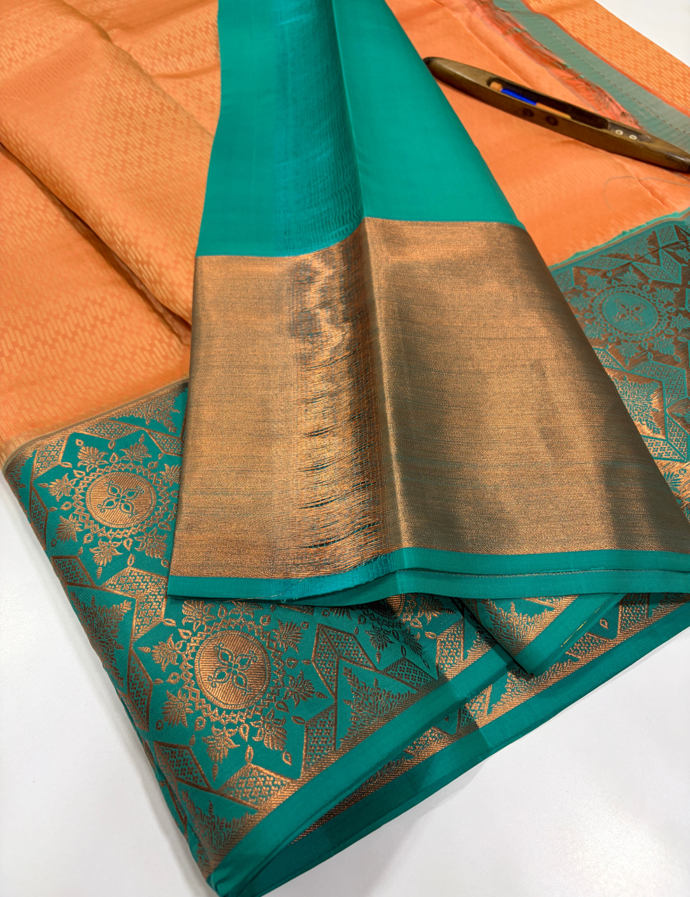 Peach 50% Pure Mix Kanchi Silk Saree with Fancy Kanchi Border | Rama Green Pallu & Blouse