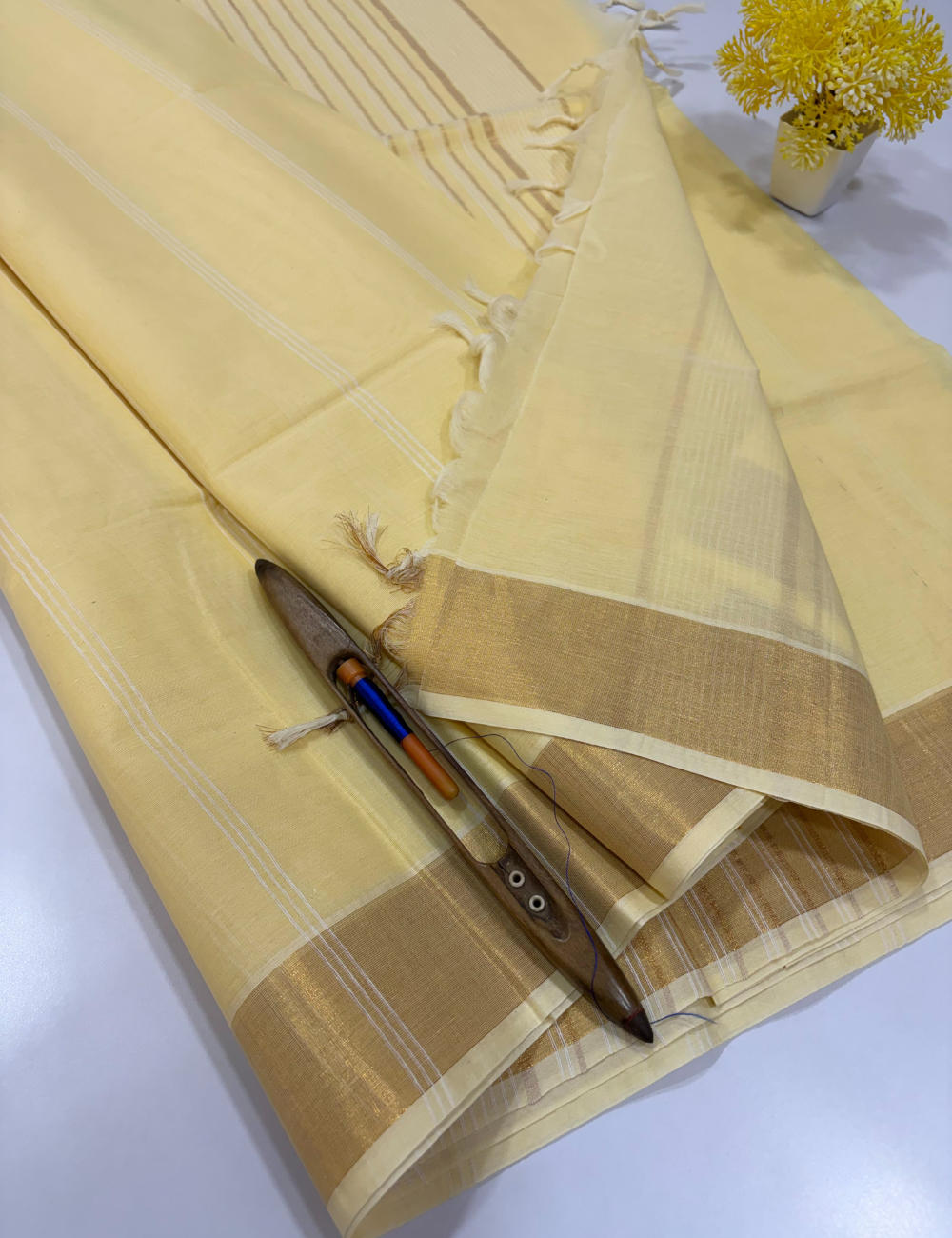 Butter Yellow Pure Cotton Saree with Gold Jari Border
