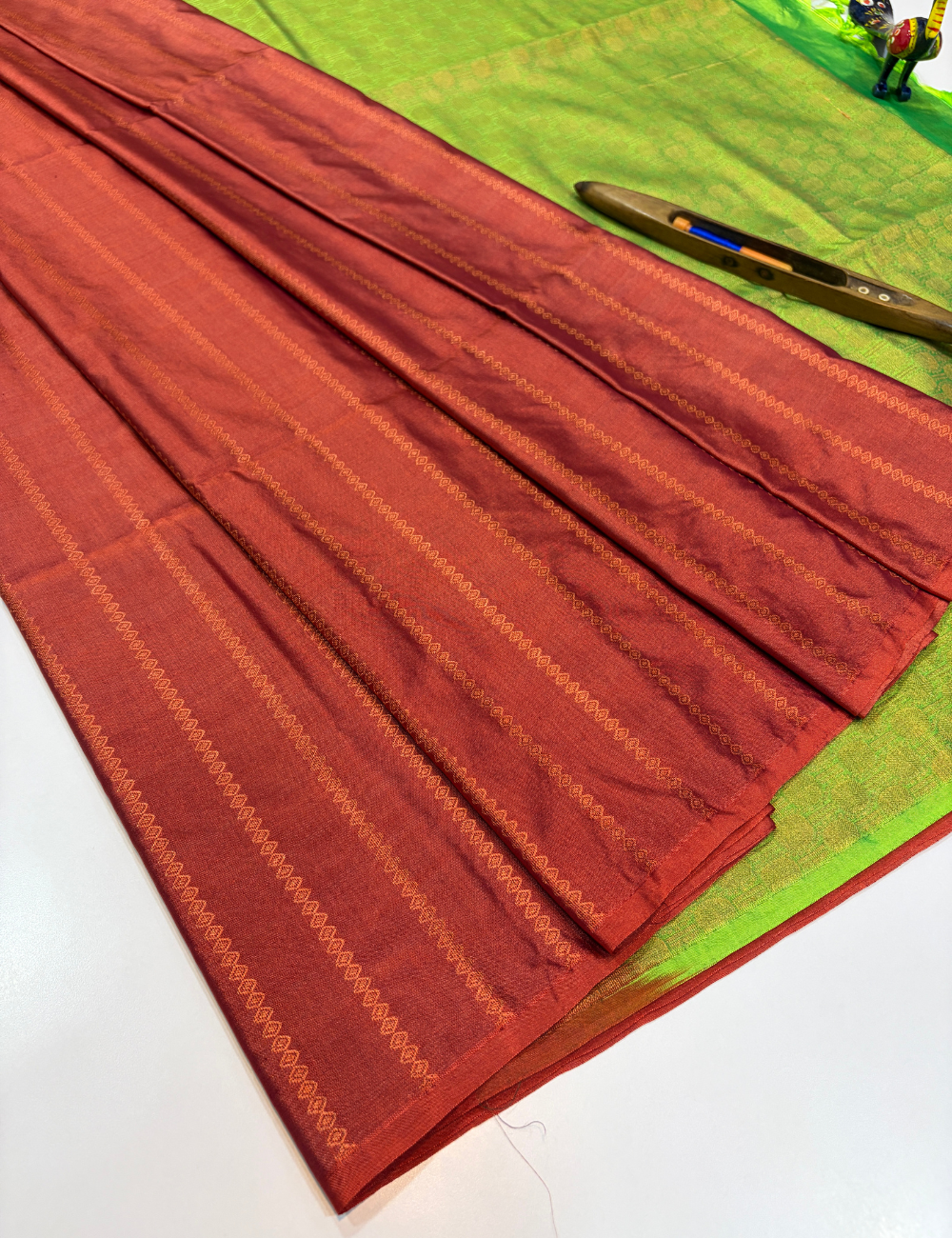 Royal Soft Cotton Handloom Saree – Rust Red with Neon Lime Green Pallu & Blouse