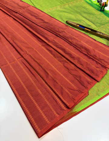 Royal Soft Cotton Handloom Saree – Rust Red with Neon Lime Green Pallu & Blouse