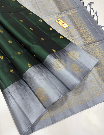 Bottle Green Handloom Pure Soft Silk Saree with Pastel Grey Tie and Dye Contrast Border & Gold Zari Buttas | Silk Mark Certified