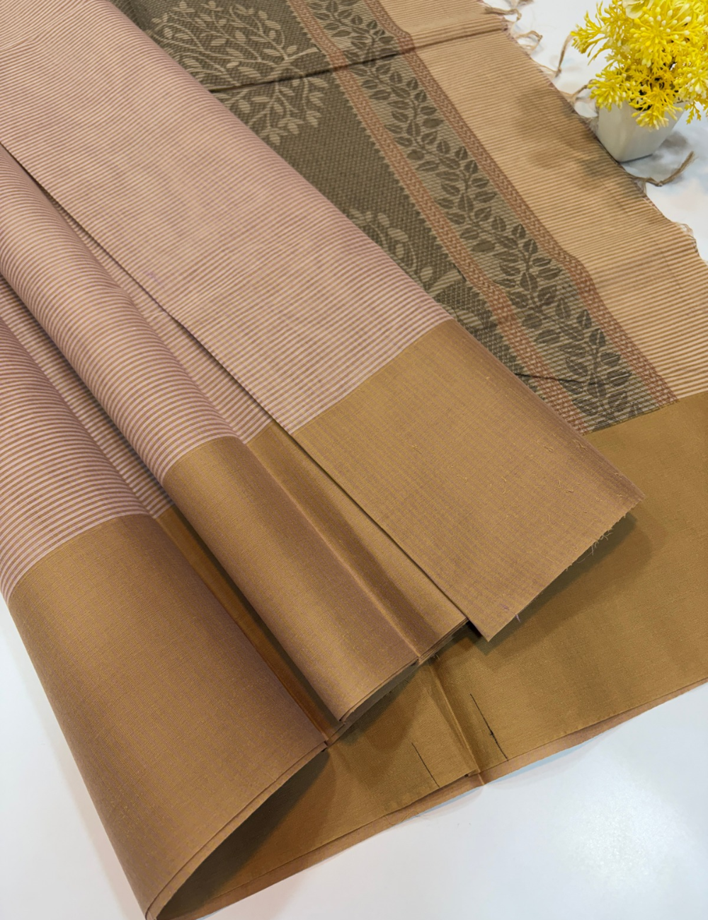 Dusky Rose Negamam Handloom Pure Cotton Saree with Old Contrast Border | 100-Count Cotton