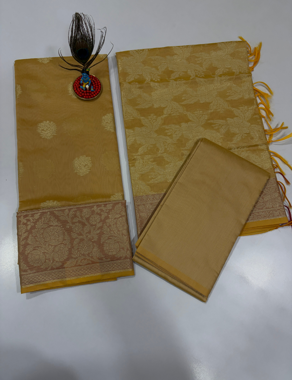 Sandal Beige Handloom Silk Cotton 3 Pc Salwar Set with Self Weave Floral Jacquard | Elegant Monotone Ethnic Dress Material