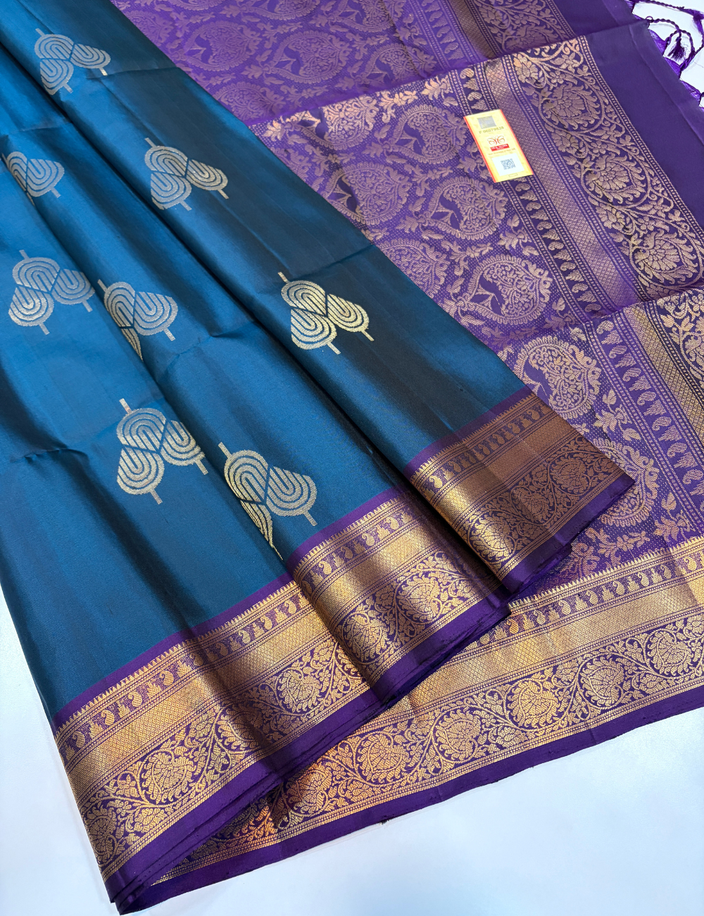 Dual Tone Peacock Blue & Royal Purple Kanchi Border Handloom Pure Softsilk Saree