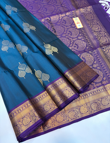 Dual Tone Peacock Blue & Royal Purple Kanchi Border Handloom Pure Softsilk Saree