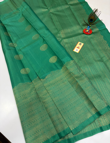 Handloom Pure Soft Silk Saree in Emerald Green with Self Colour Turning Border | Double Warp | Fancy Zari Buttas | Silk Mark Certified
