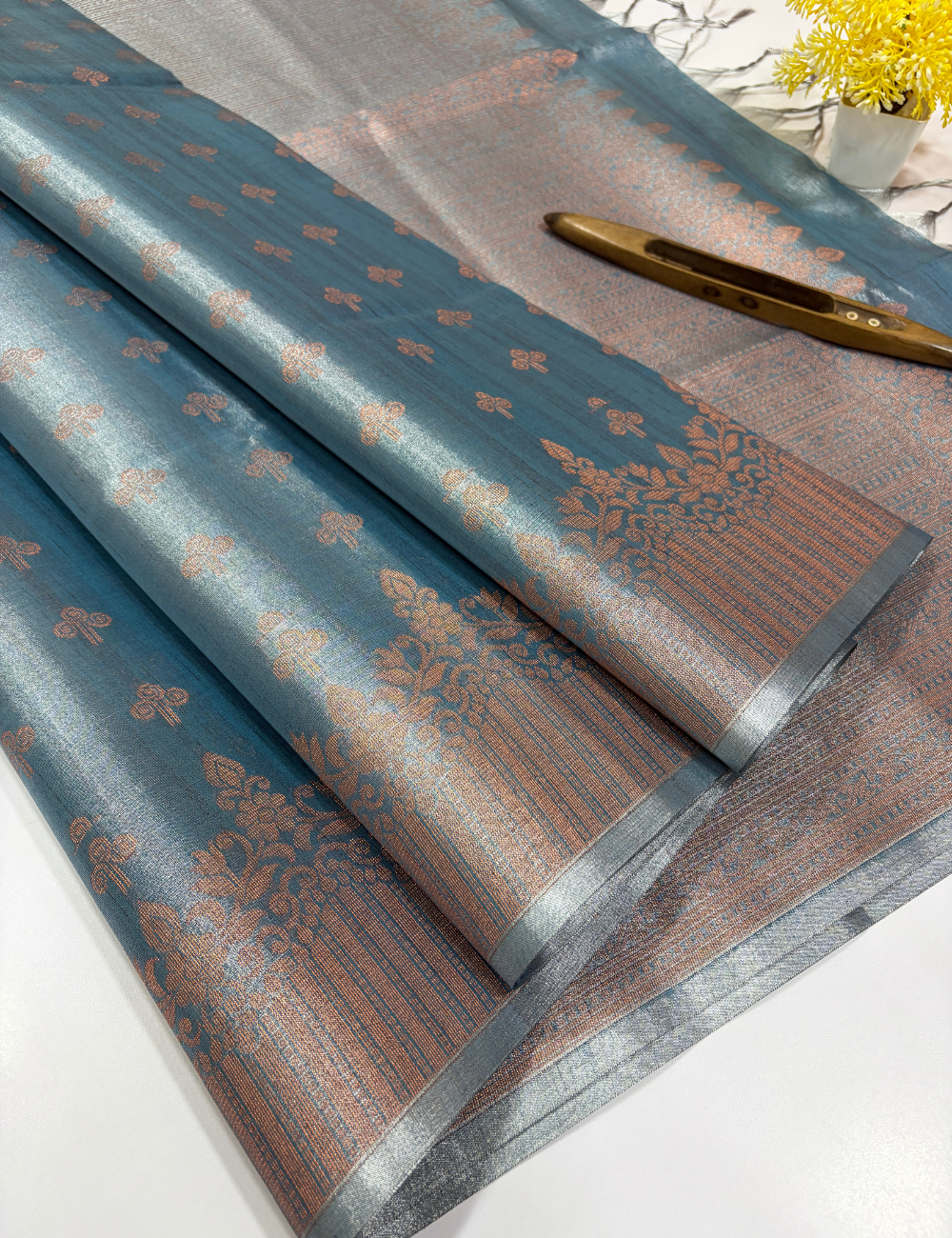 Tissue Semi Silk Saree in Dusky Teal Blue