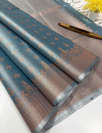 Tissue Semi Silk Saree in Dusky Teal Blue