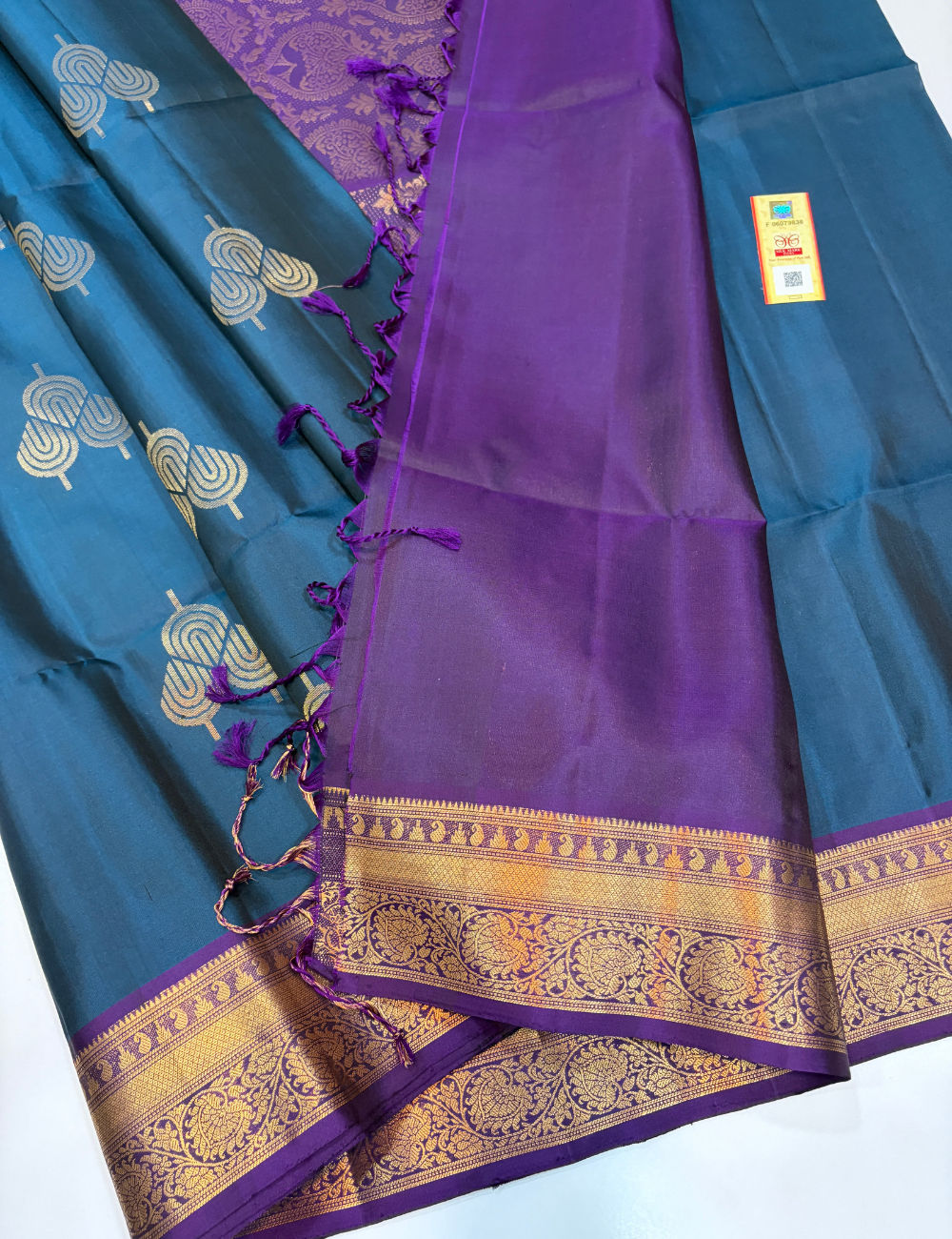 Dual Tone Peacock Blue & Royal Purple Kanchi Border Handloom Pure Softsilk Saree