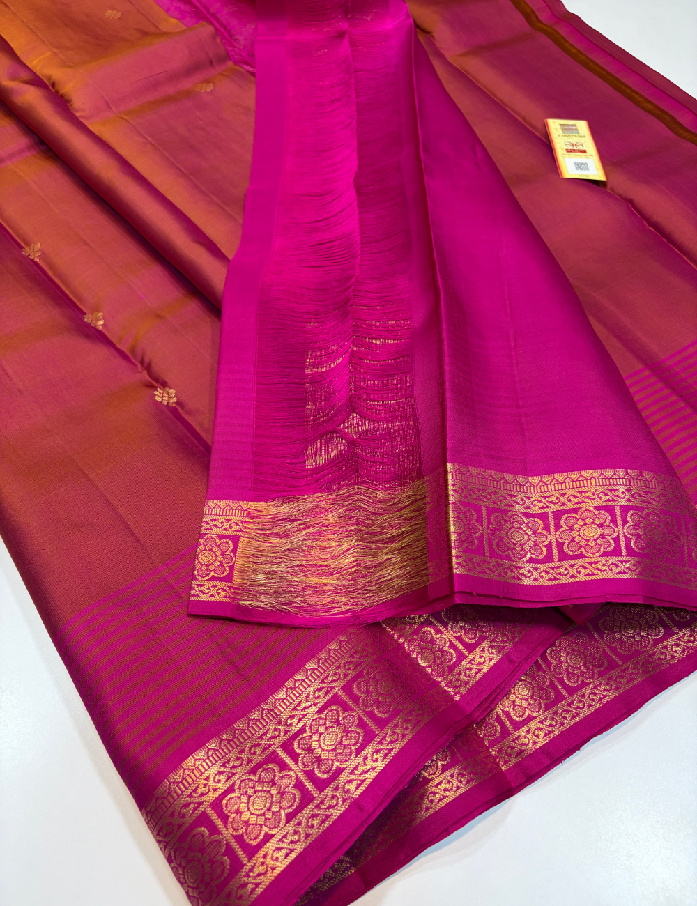Rust with Pink Dual Tone Rani Pink Pallu & Blouse Kanchi Border Handloom Pure Soft Silk Saree