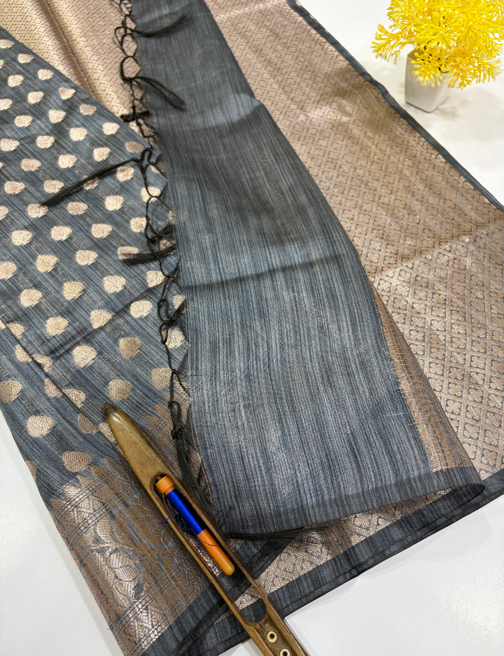 Steel Grey Matka Silk Cotton Saree with Full Zari Butta | Rich Zari Border & Brocade Blouse – Aadithya Handlooms