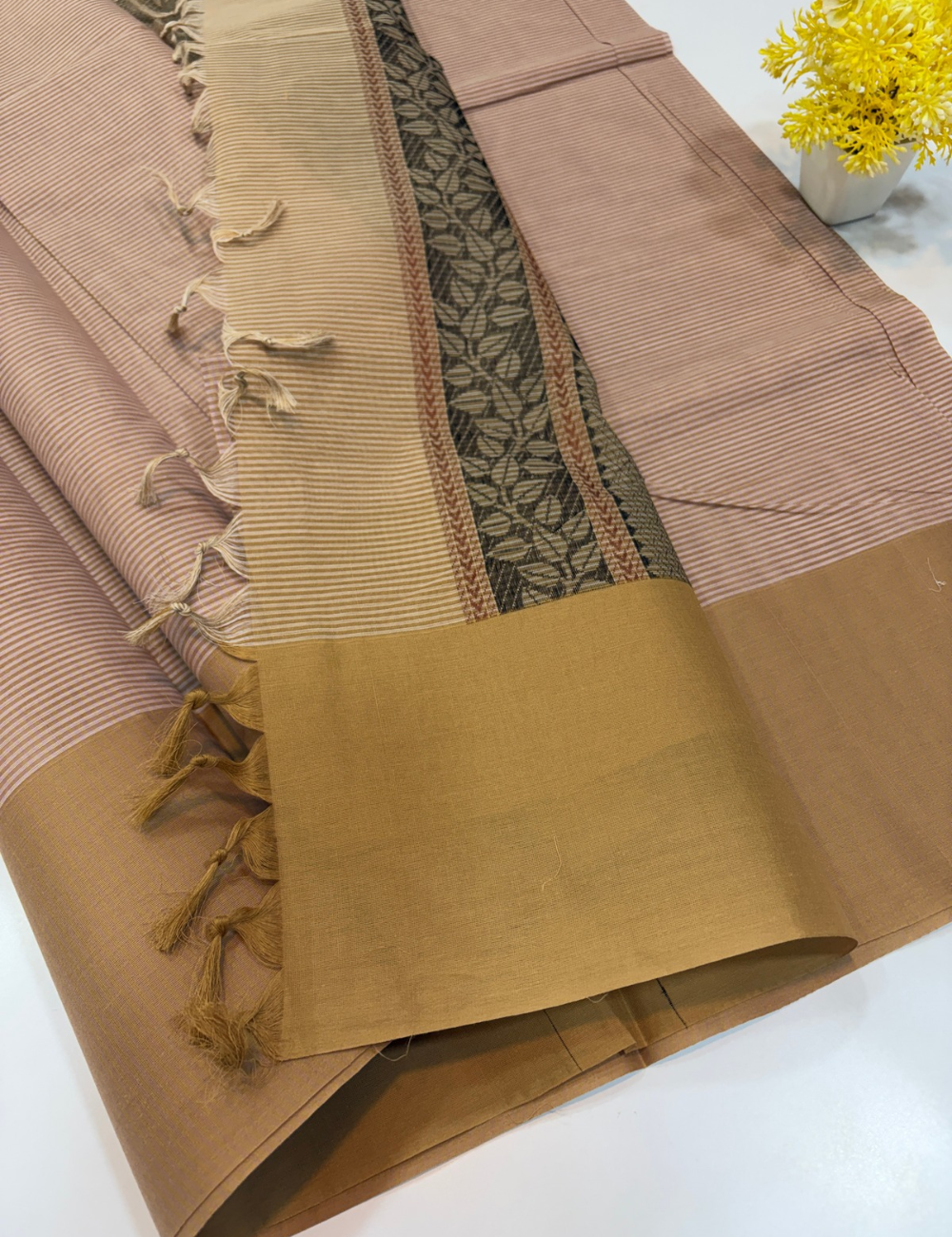 Dusky Rose Negamam Handloom Pure Cotton Saree with Old Contrast Border | 100-Count Cotton