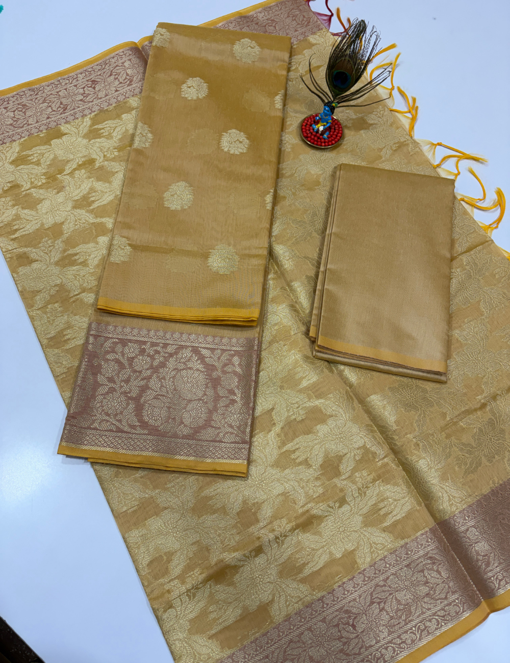 Sandal Beige Handloom Silk Cotton 3 Pc Salwar Set with Self Weave Floral Jacquard | Elegant Monotone Ethnic Dress Material