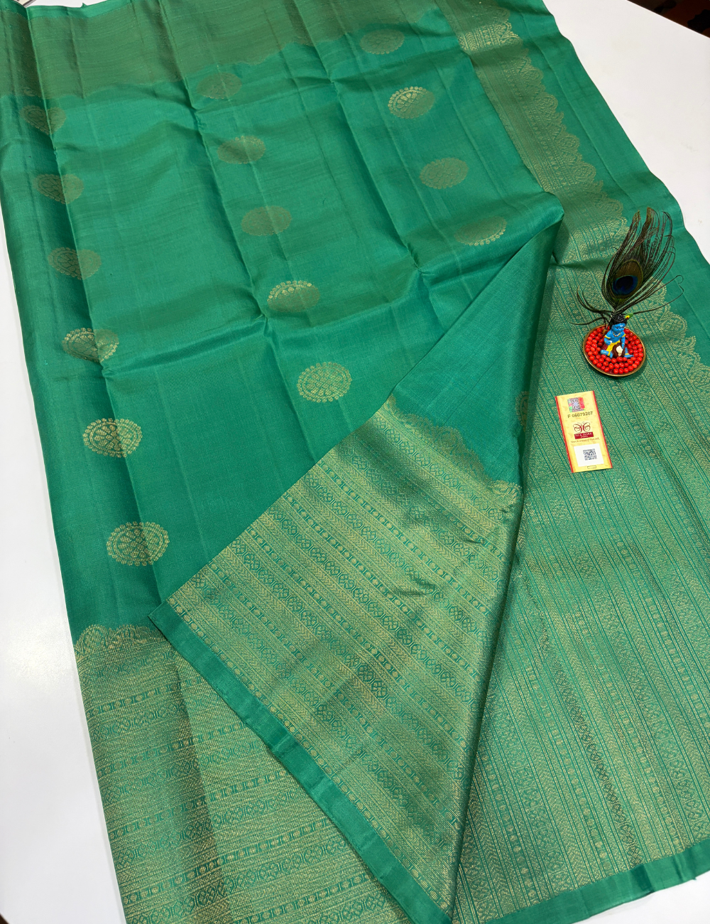 Handloom Pure Soft Silk Saree in Emerald Green with Self Colour Turning Border | Double Warp | Fancy Zari Buttas | Silk Mark Certified