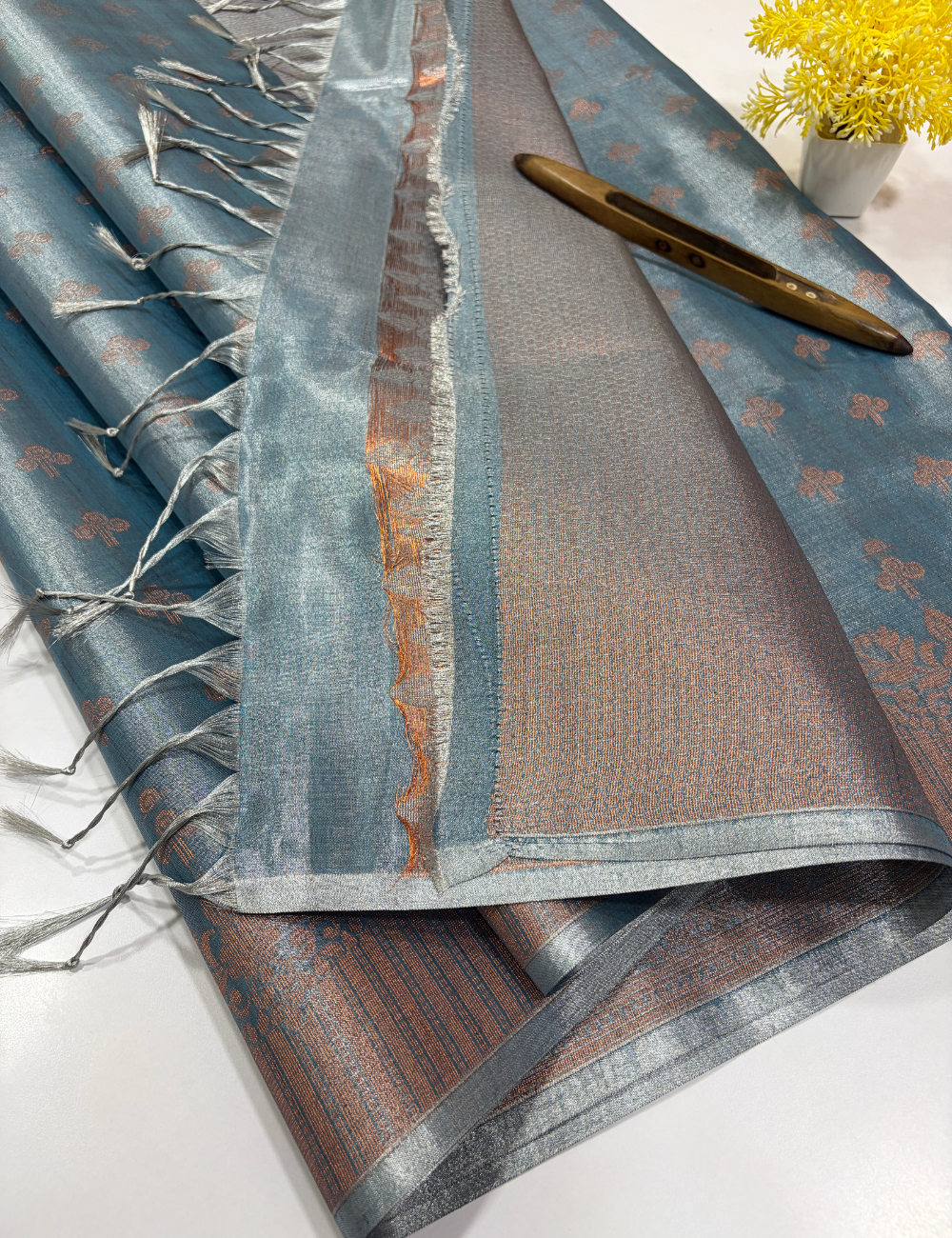 Tissue Semi Silk Saree in Dusky Teal Blue