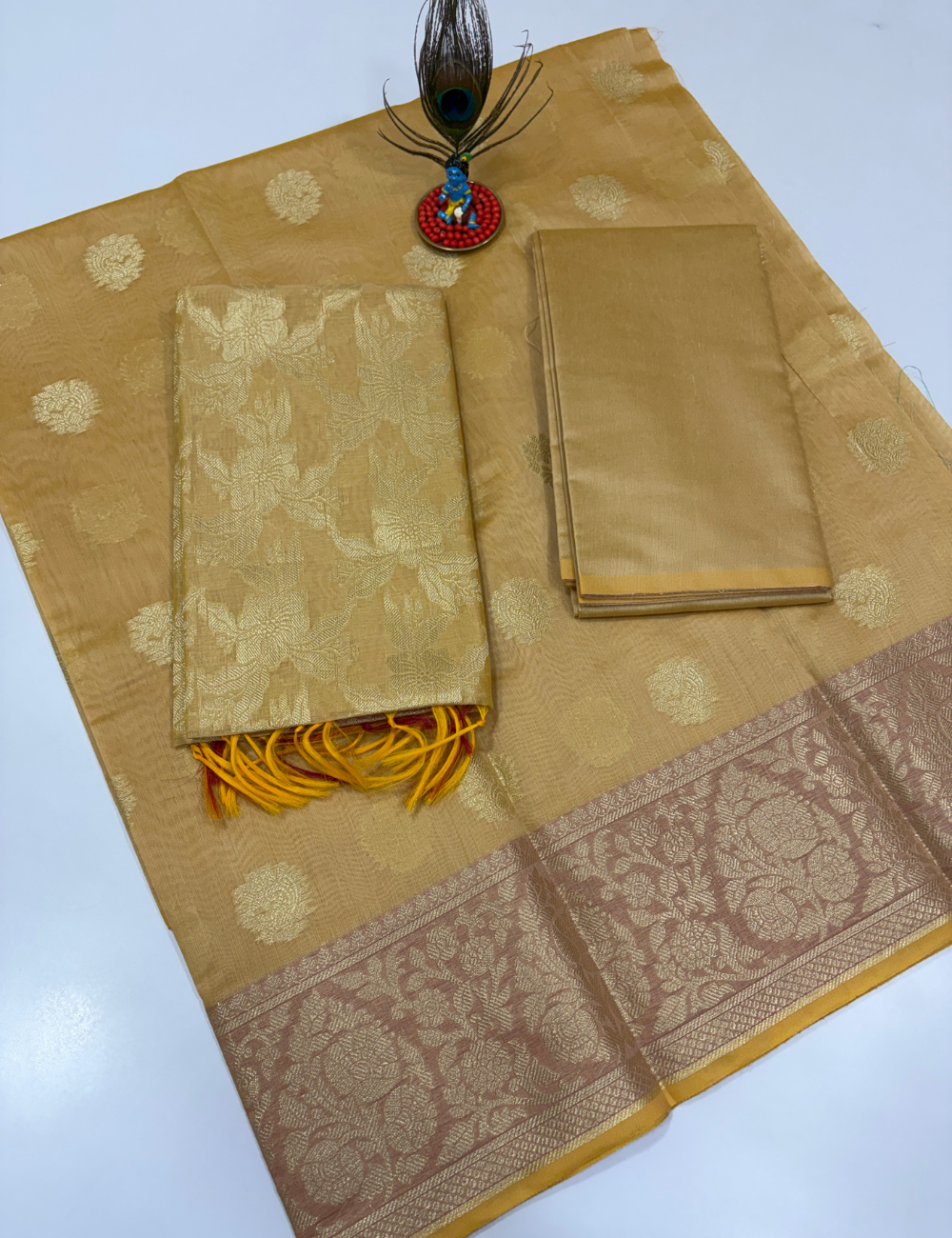 Sandal Beige Handloom Silk Cotton 3 Pc Salwar Set with Self Weave Floral Jacquard | Elegant Monotone Ethnic Dress Material