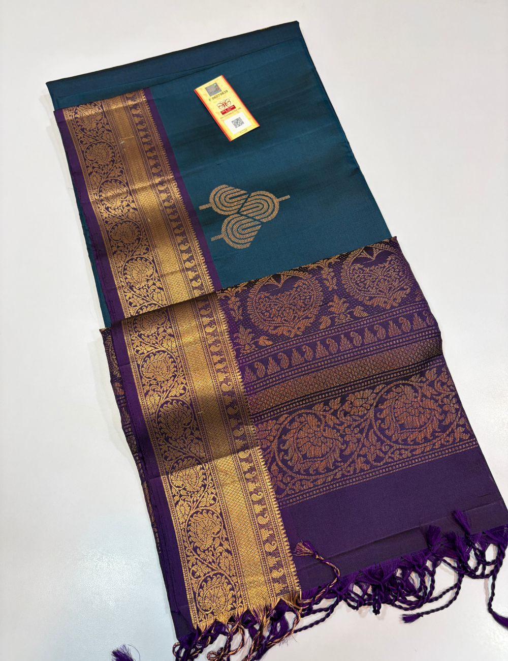 Dual Tone Peacock Blue & Royal Purple Kanchi Border Handloom Pure Softsilk Saree