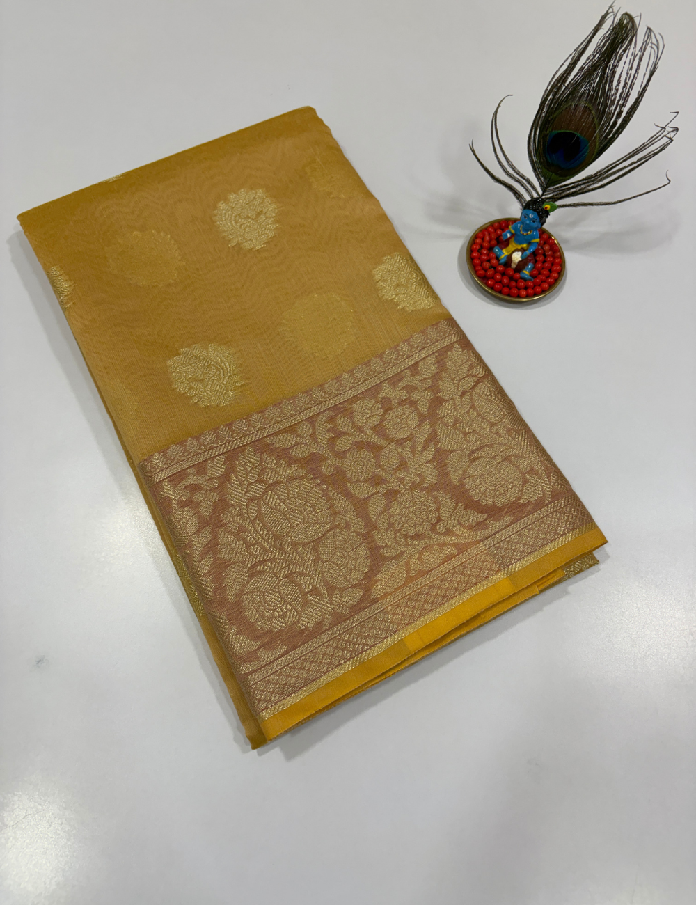 Sandal Beige Handloom Silk Cotton 3 Pc Salwar Set with Self Weave Floral Jacquard | Elegant Monotone Ethnic Dress Material