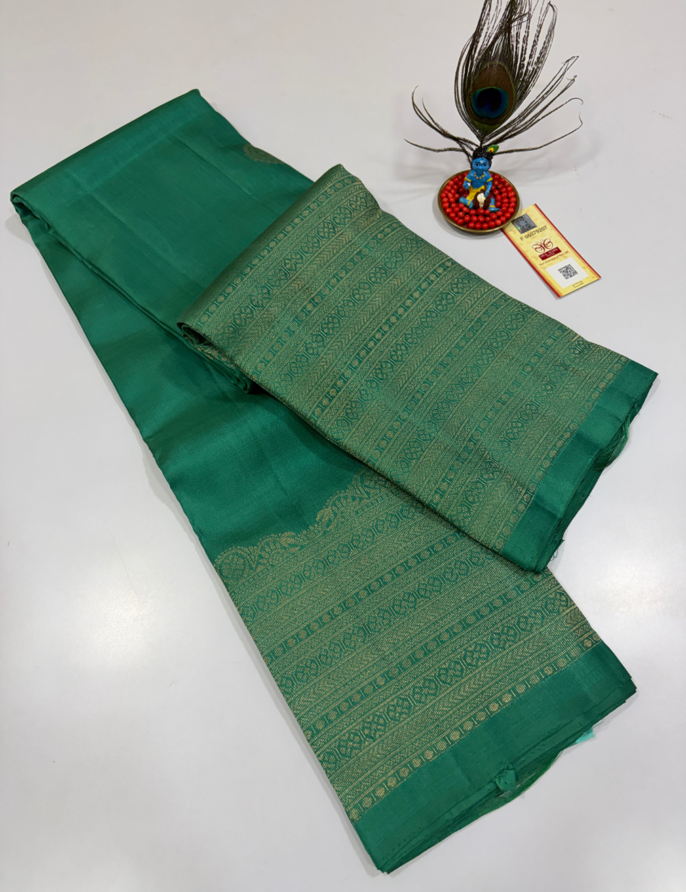 Handloom Pure Soft Silk Saree in Emerald Green with Self Colour Turning Border | Double Warp | Fancy Zari Buttas | Silk Mark Certified